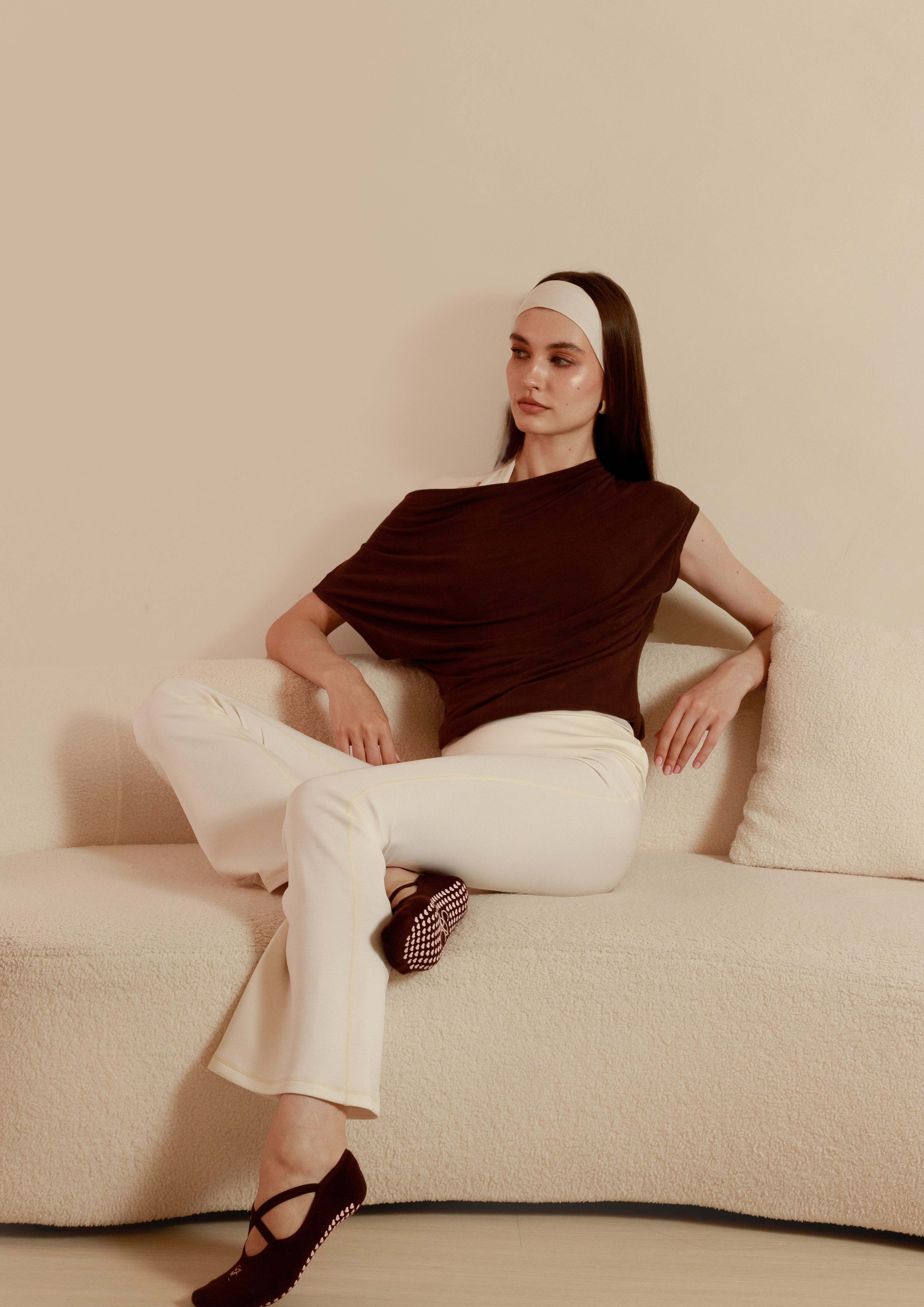 Buttery Soft Drape Off-Shoulder Top in Chocolate