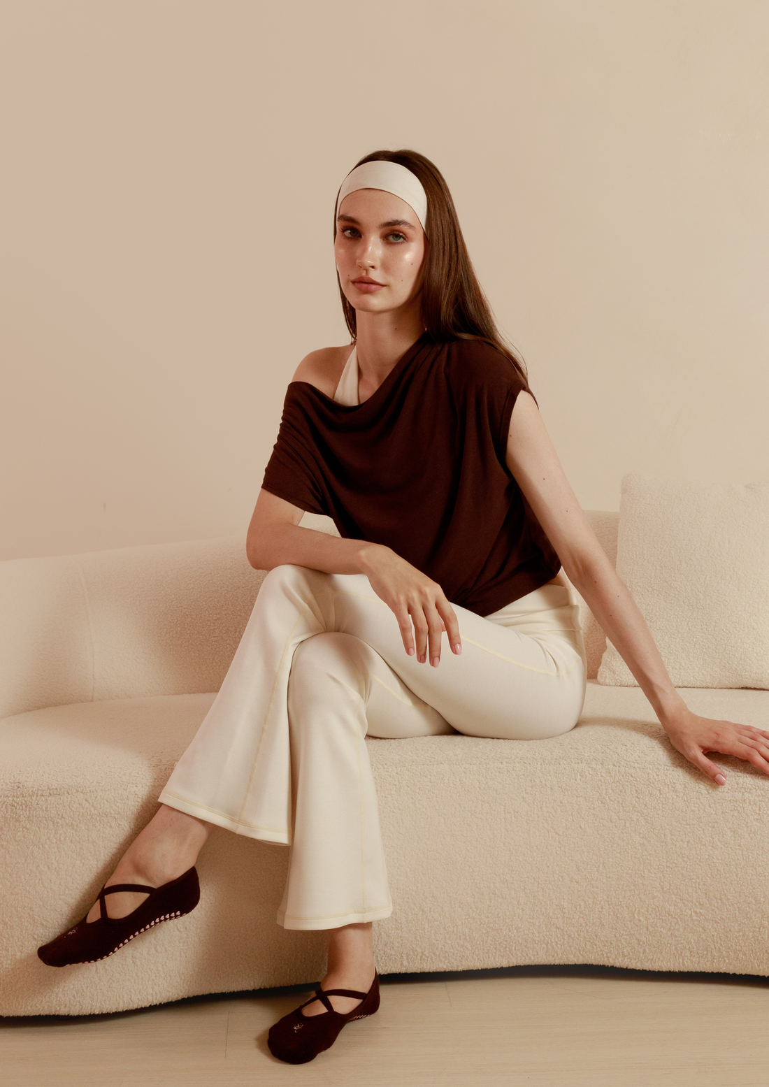 Buttery Soft Drape Off-Shoulder Top in Chocolate
