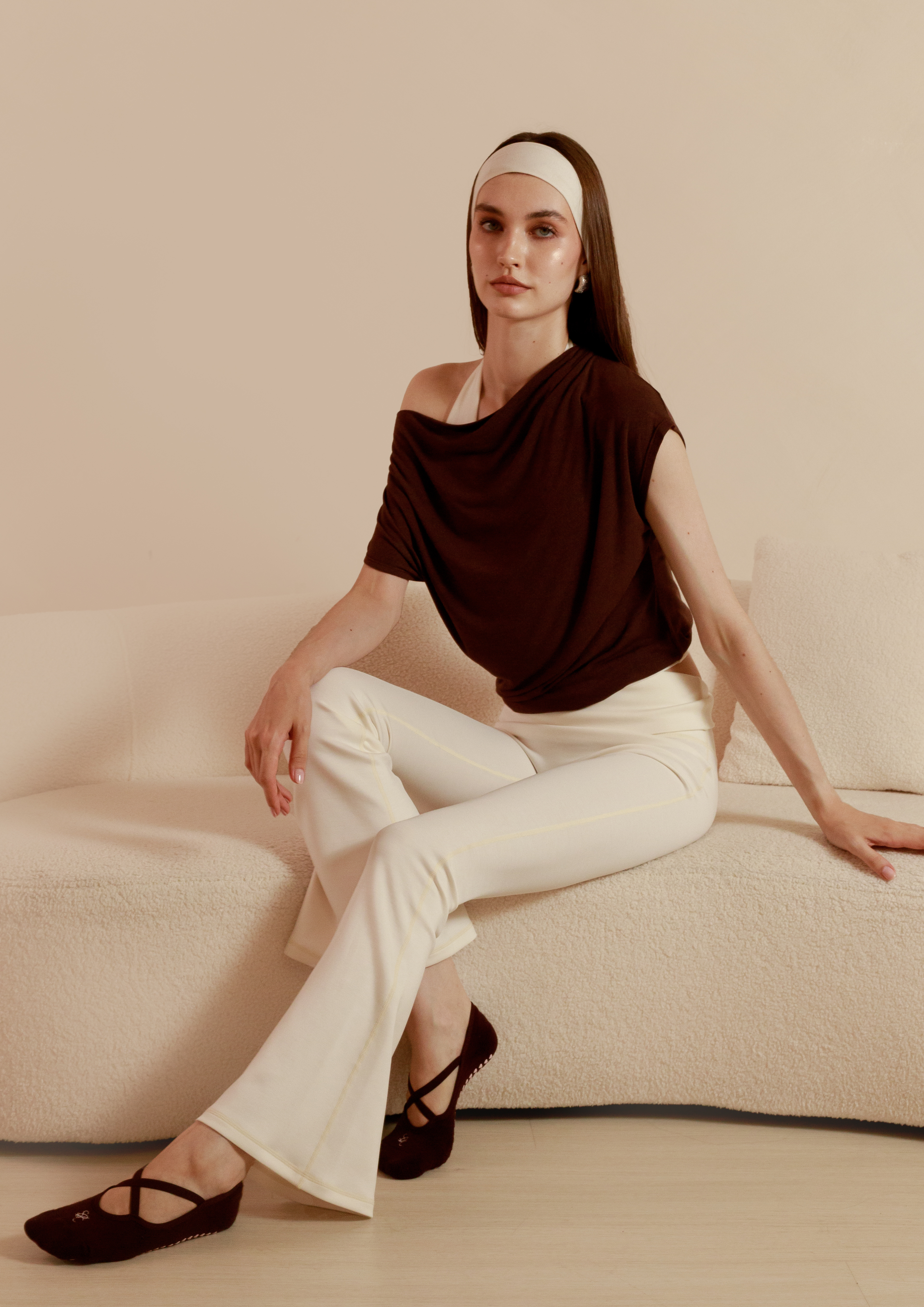 Buttery Soft Drape Off-Shoulder Top in Chocolate