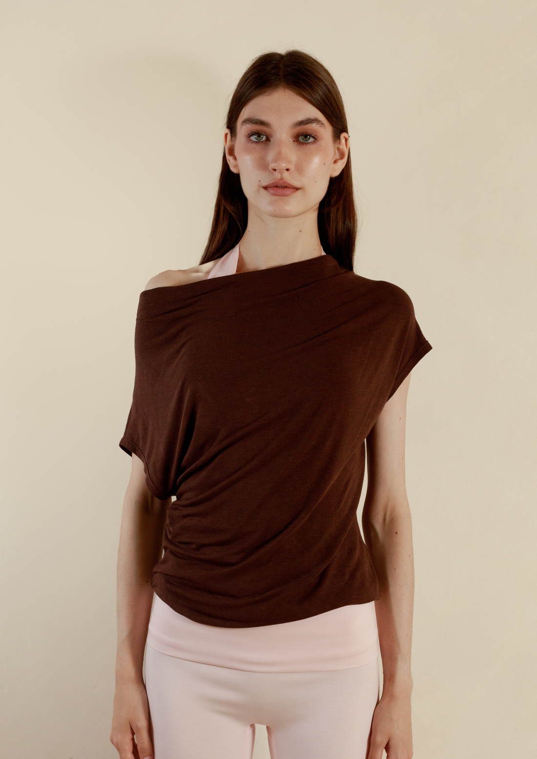 Buttery Soft Drape Off-Shoulder Top in Chocolate