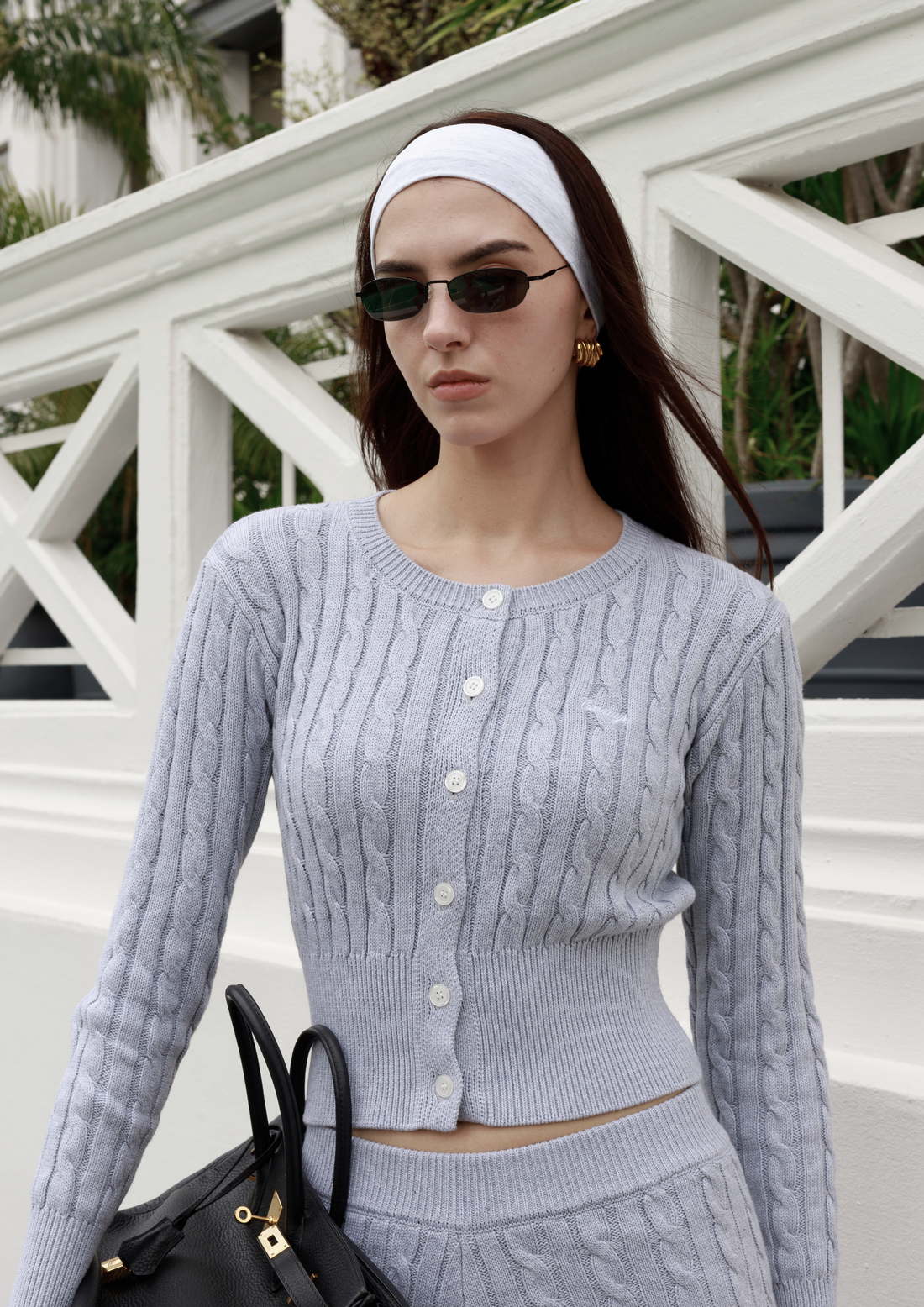 Cotton Cable Knit Cardigan Top in Slate