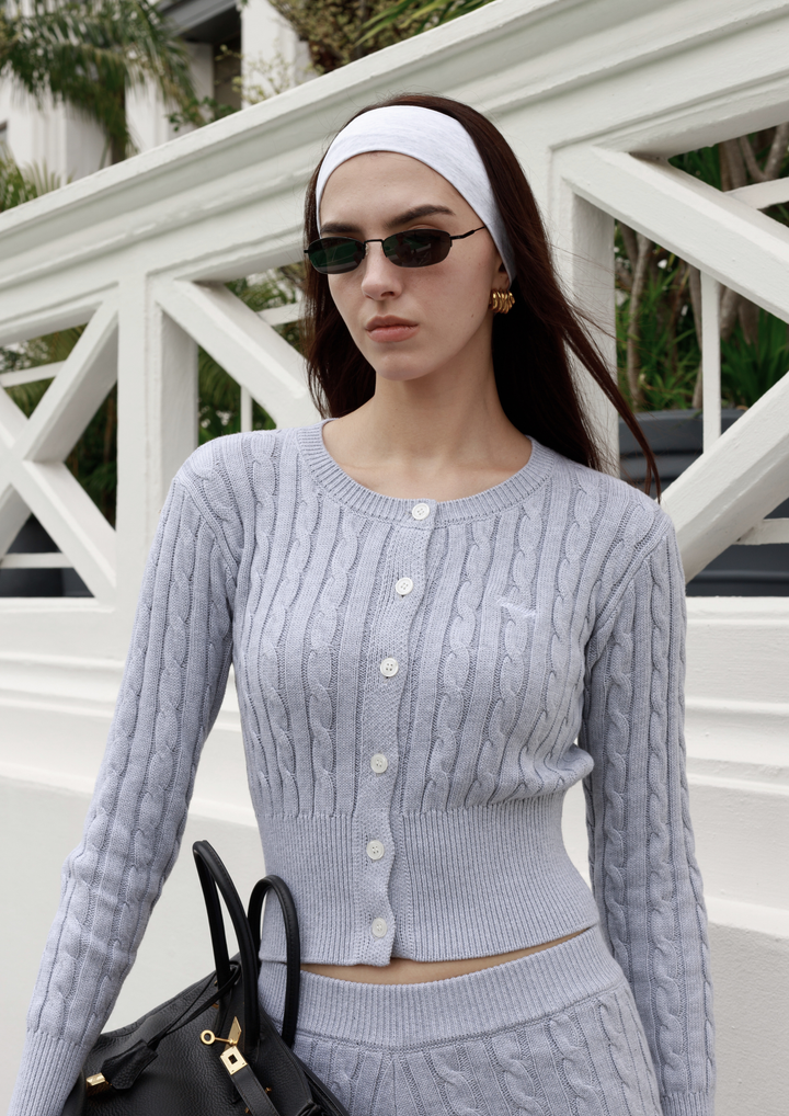 Cotton Cable Knit Cardigan Top in Slate