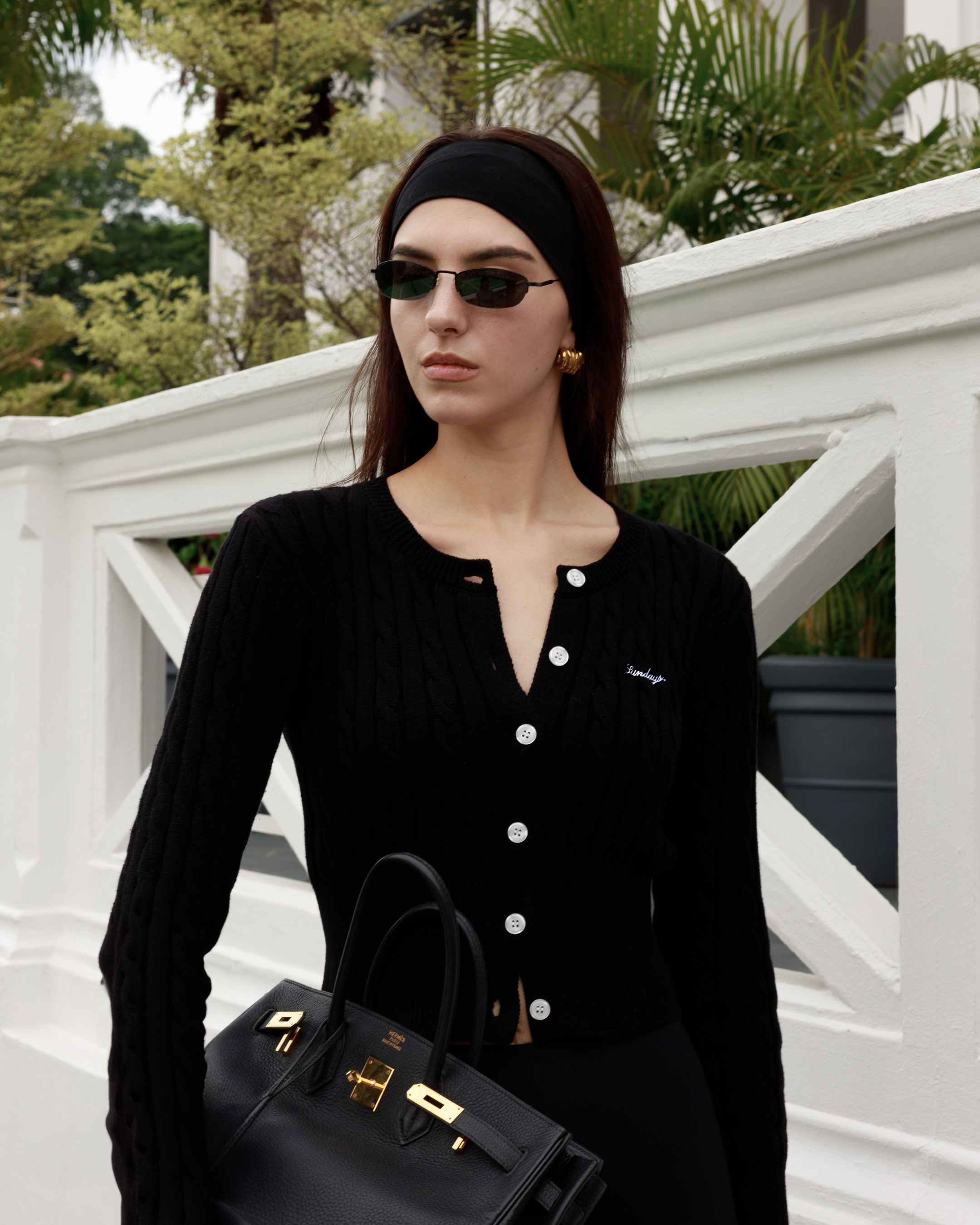 Cotton Cable Knit Cardigan Set in Noir
