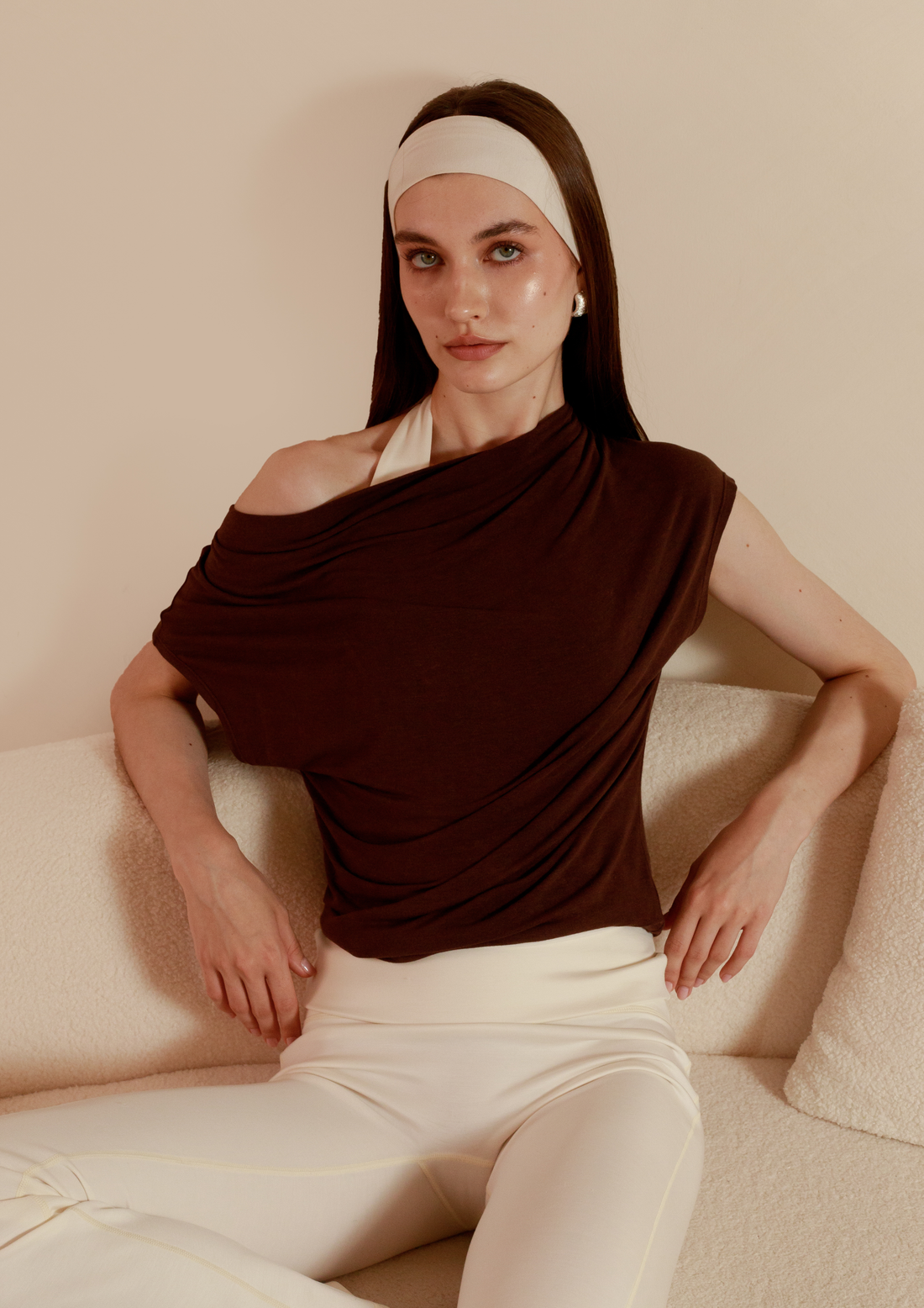 Buttery Soft Drape Off-Shoulder Top in Chocolate