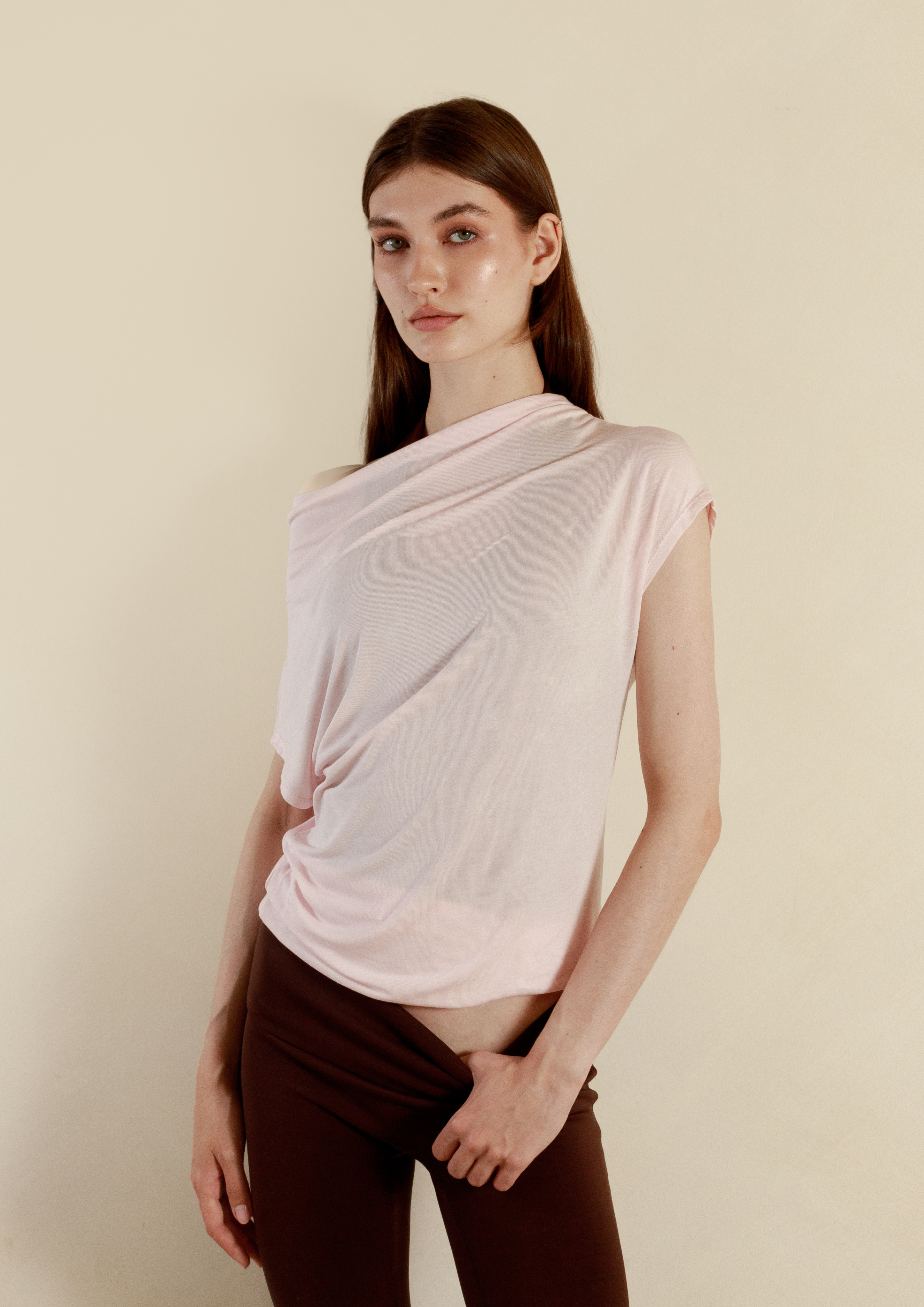 Buttery Soft Drape Off-Shoulder Top in Strawberry Milk