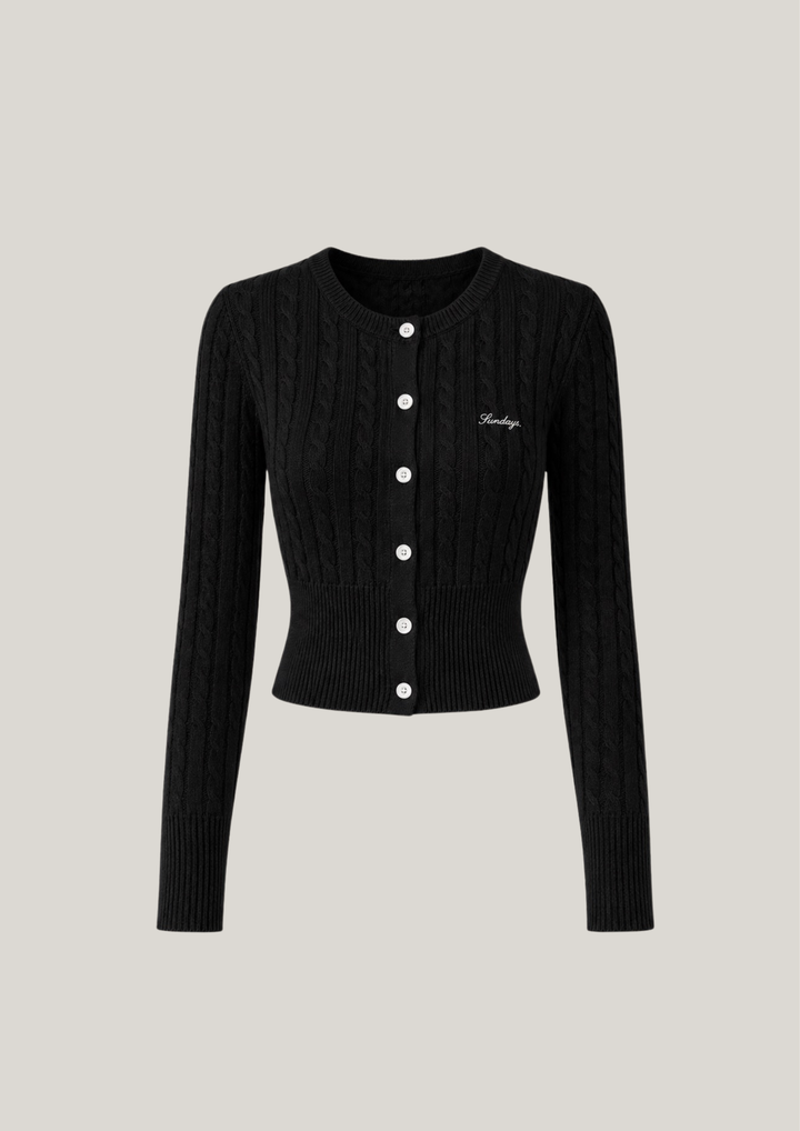 Cotton Cable Knit Cardigan Top in Noir