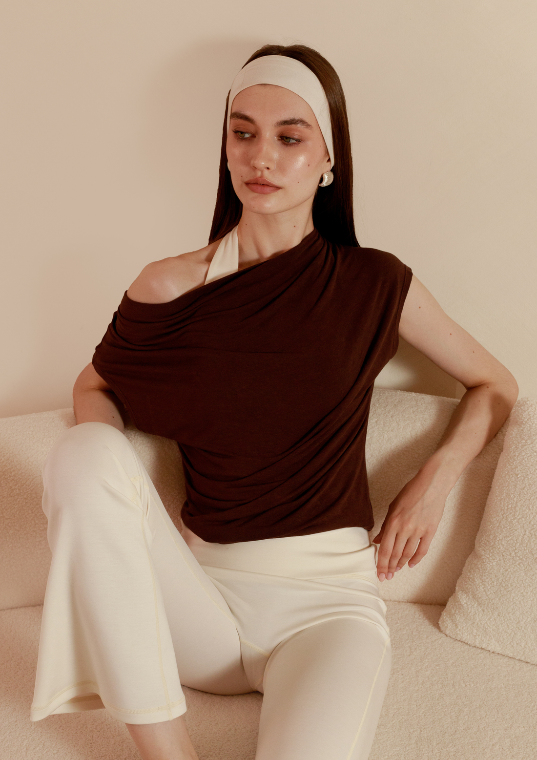 Buttery Soft Drape Off-Shoulder Top in Chocolate