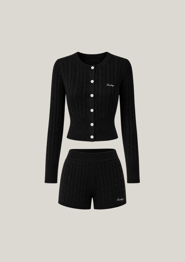 Cotton Cable Knit Cardigan Set in Noir