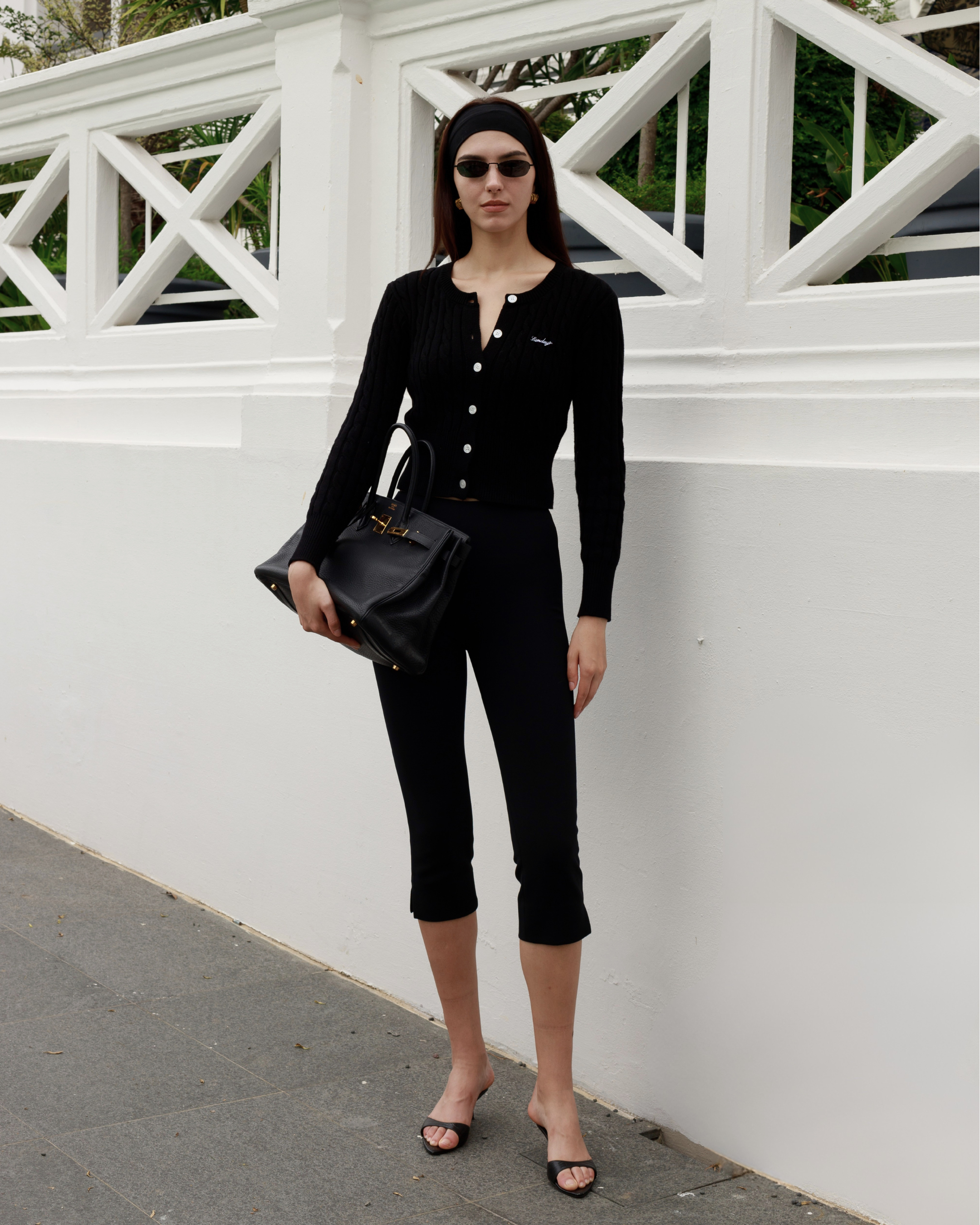 Cotton Cable Knit Cardigan Set in Noir