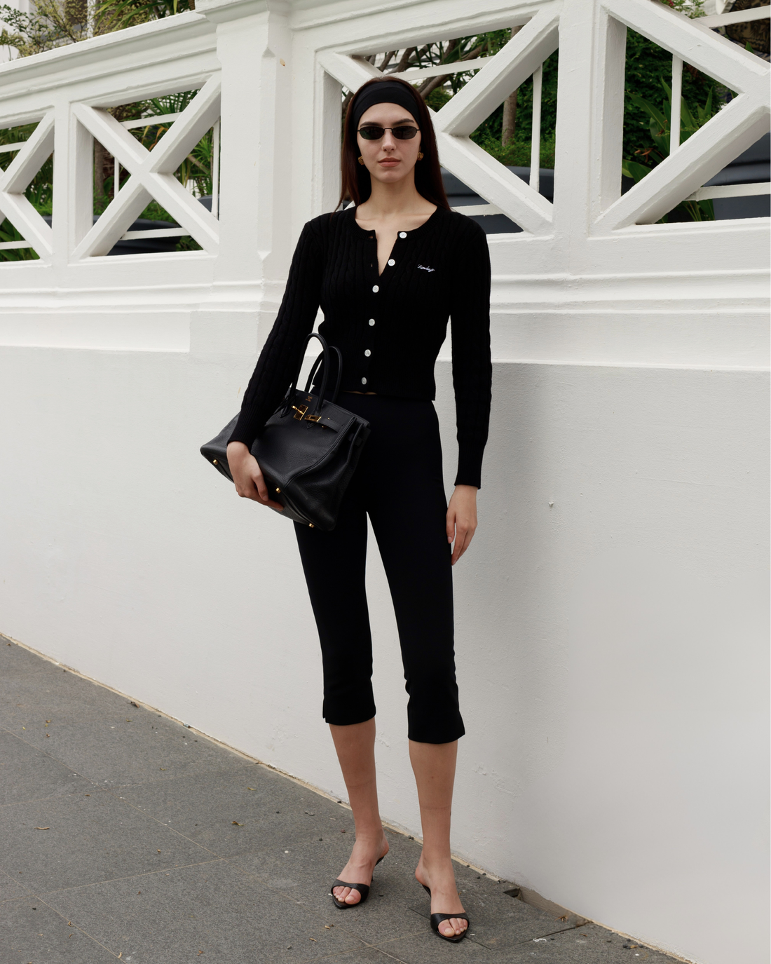 Cotton Cable Knit Cardigan Set in Noir