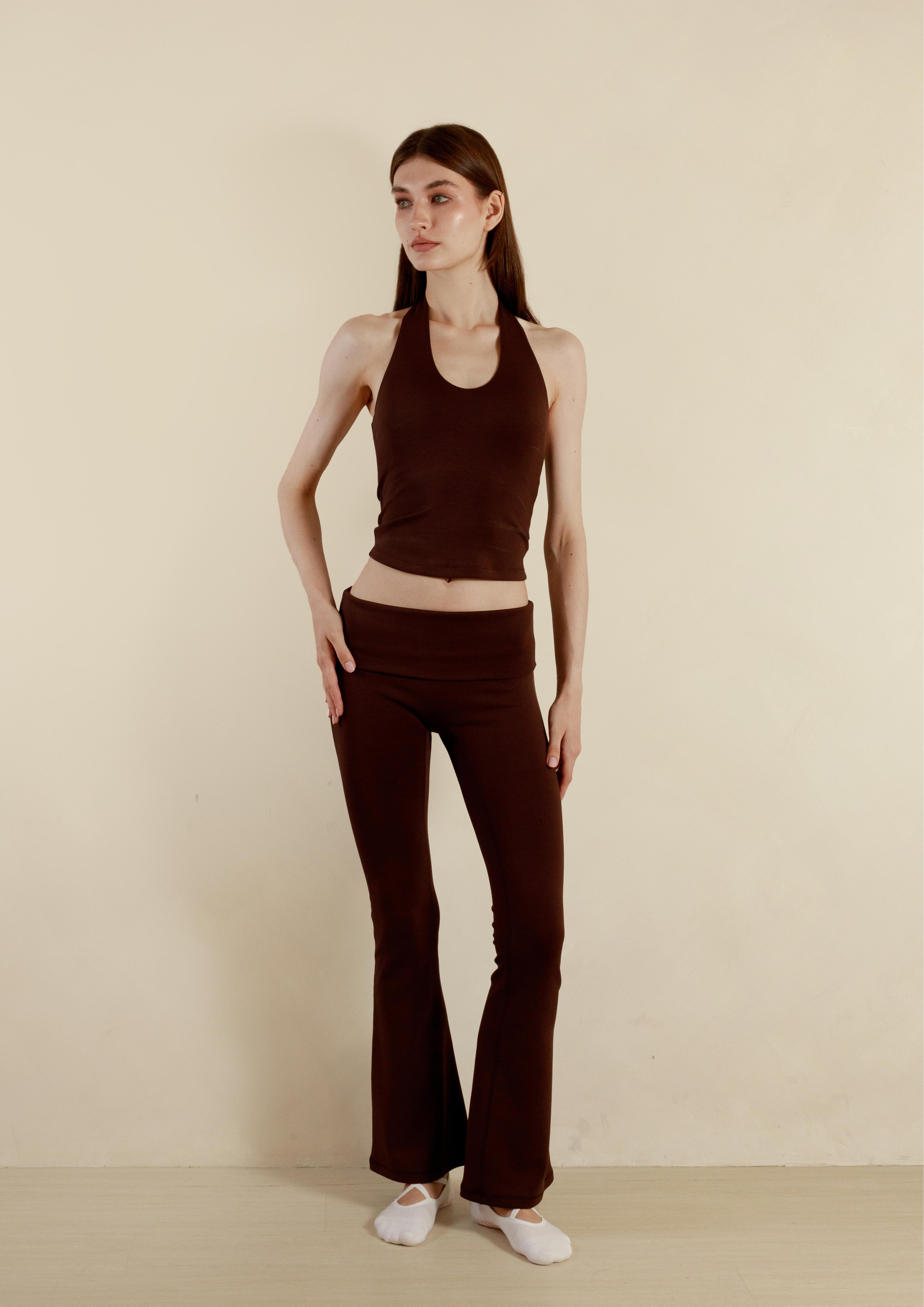 Soft Sculpt Fold Over Flare Pants in Chocolate
