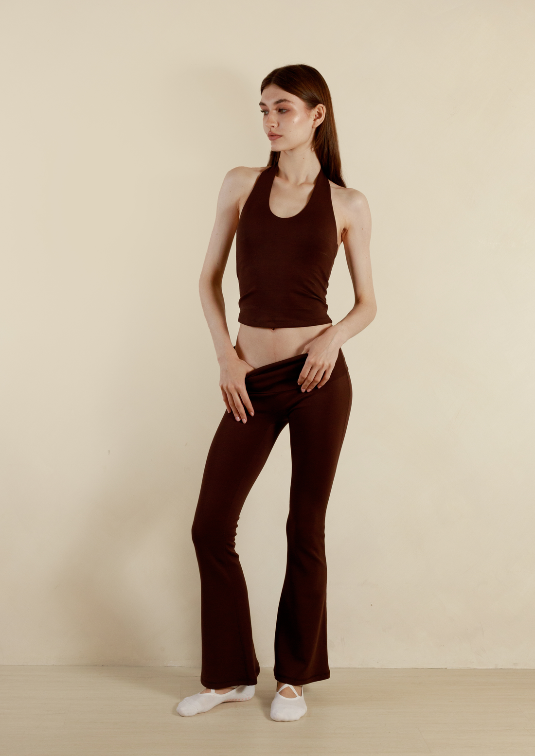 Soft Sculpt Fold Over Flare Pants in Chocolate