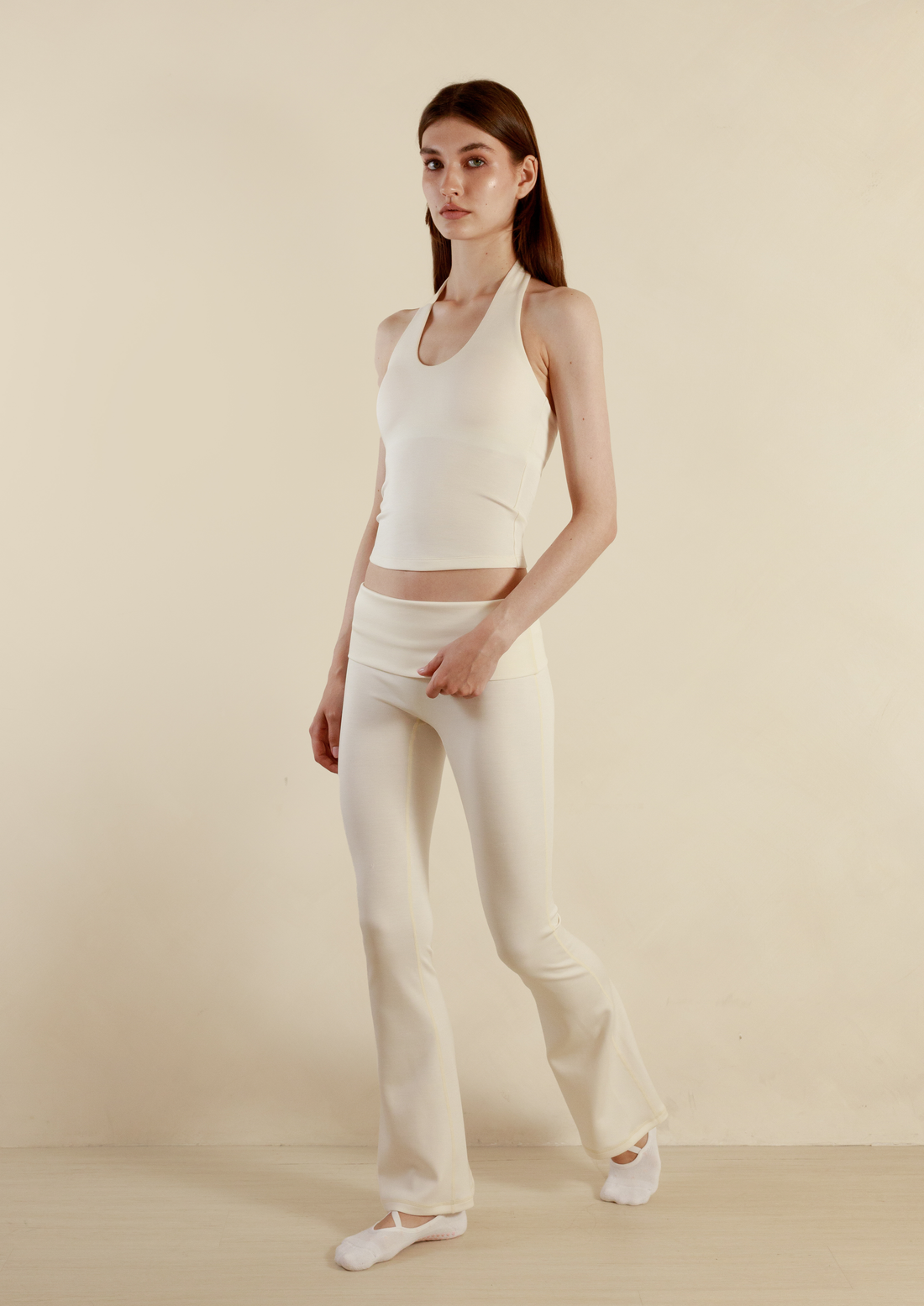 Soft Sculpt Fold Over Flare Pants in Vanilla
