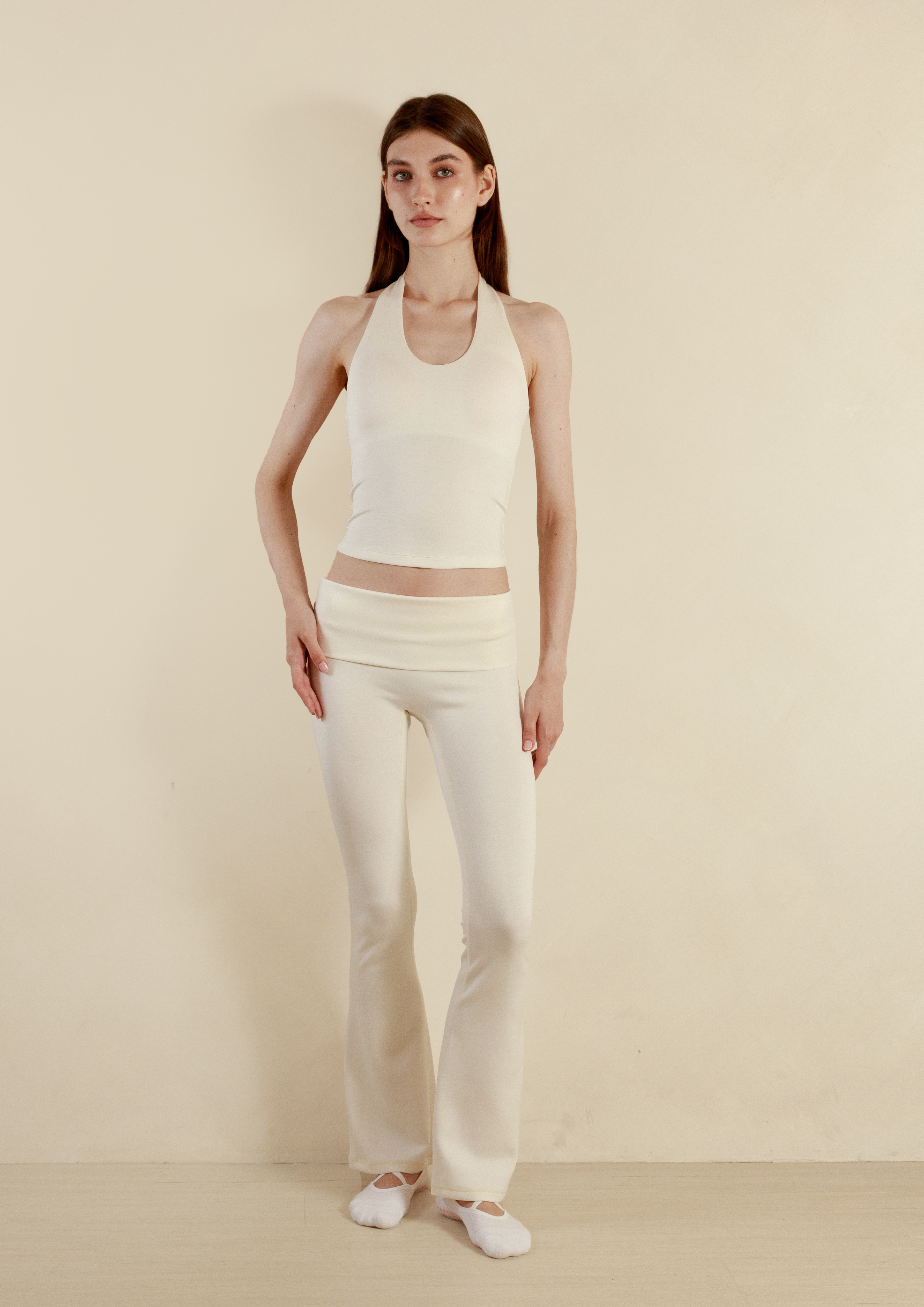 Soft Sculpt Fold Over Flare Pants in Vanilla