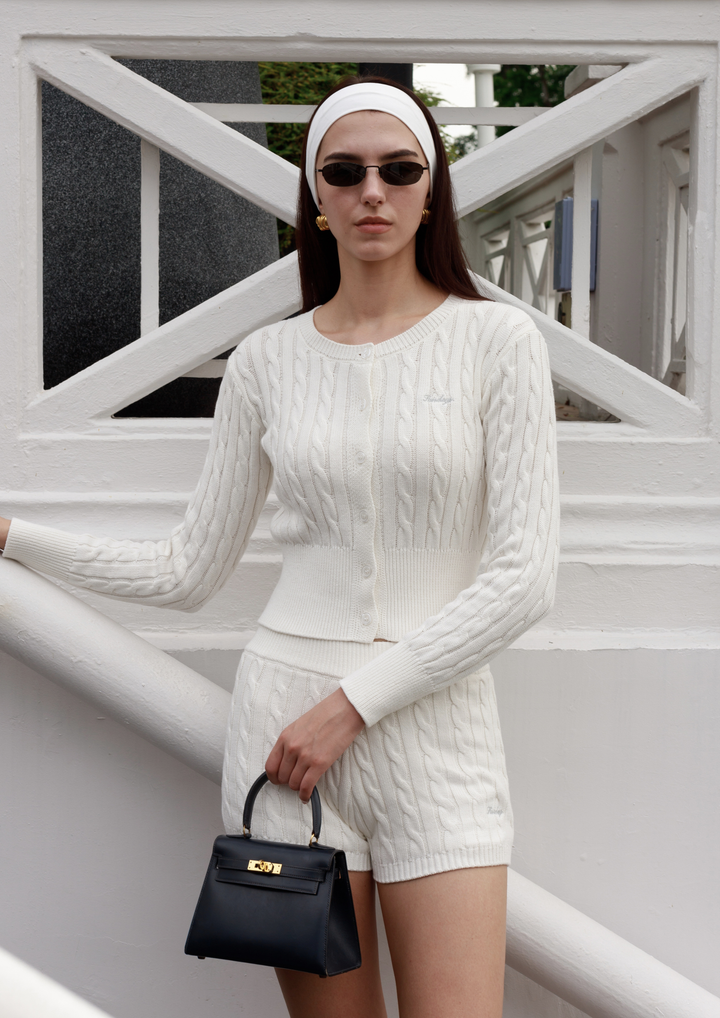 Cotton Cable Knit Cardigan Set in Pearl