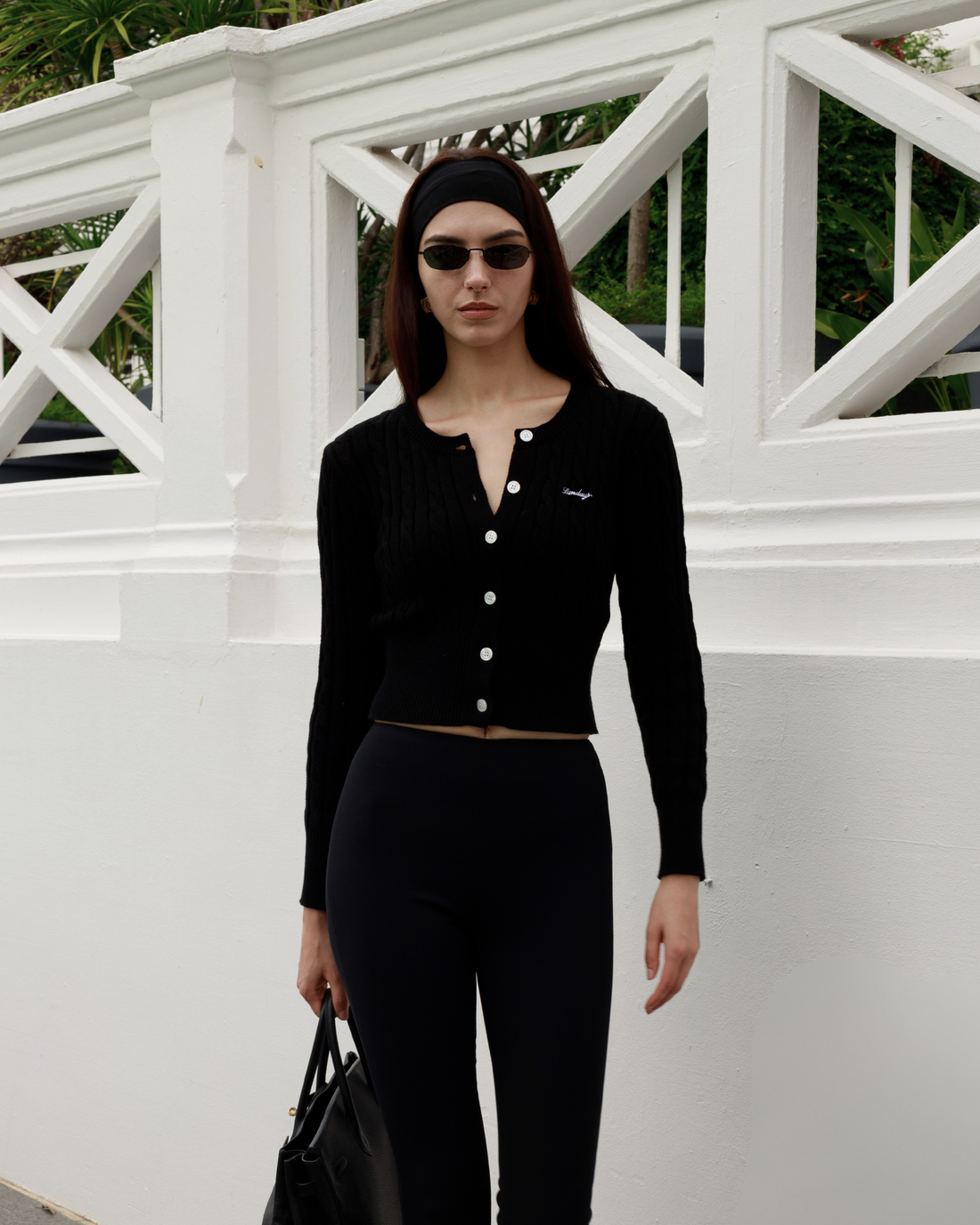 Cotton Cable Knit Cardigan Set in Noir