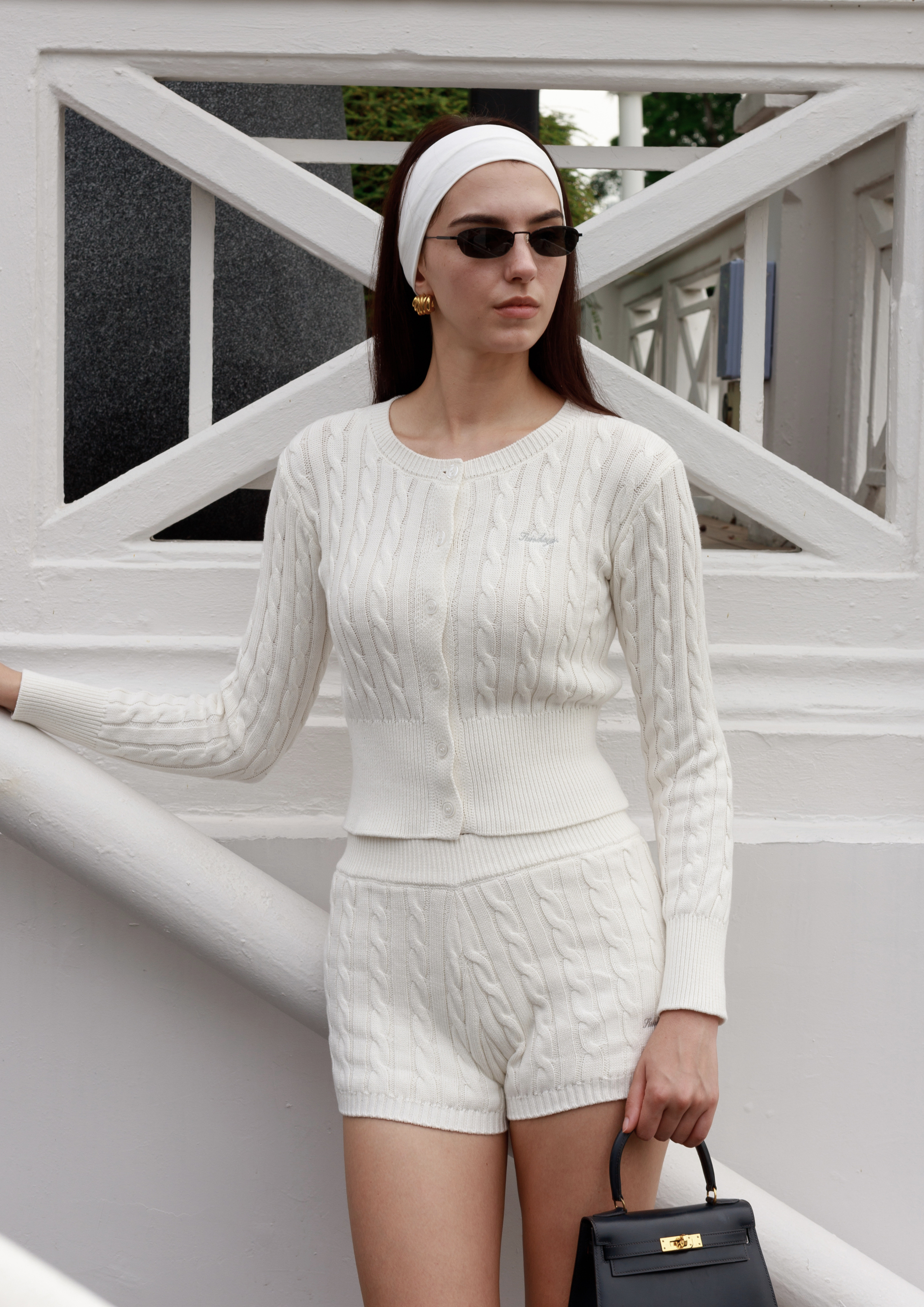 Cotton Cable Knit Cardigan Set in Pearl