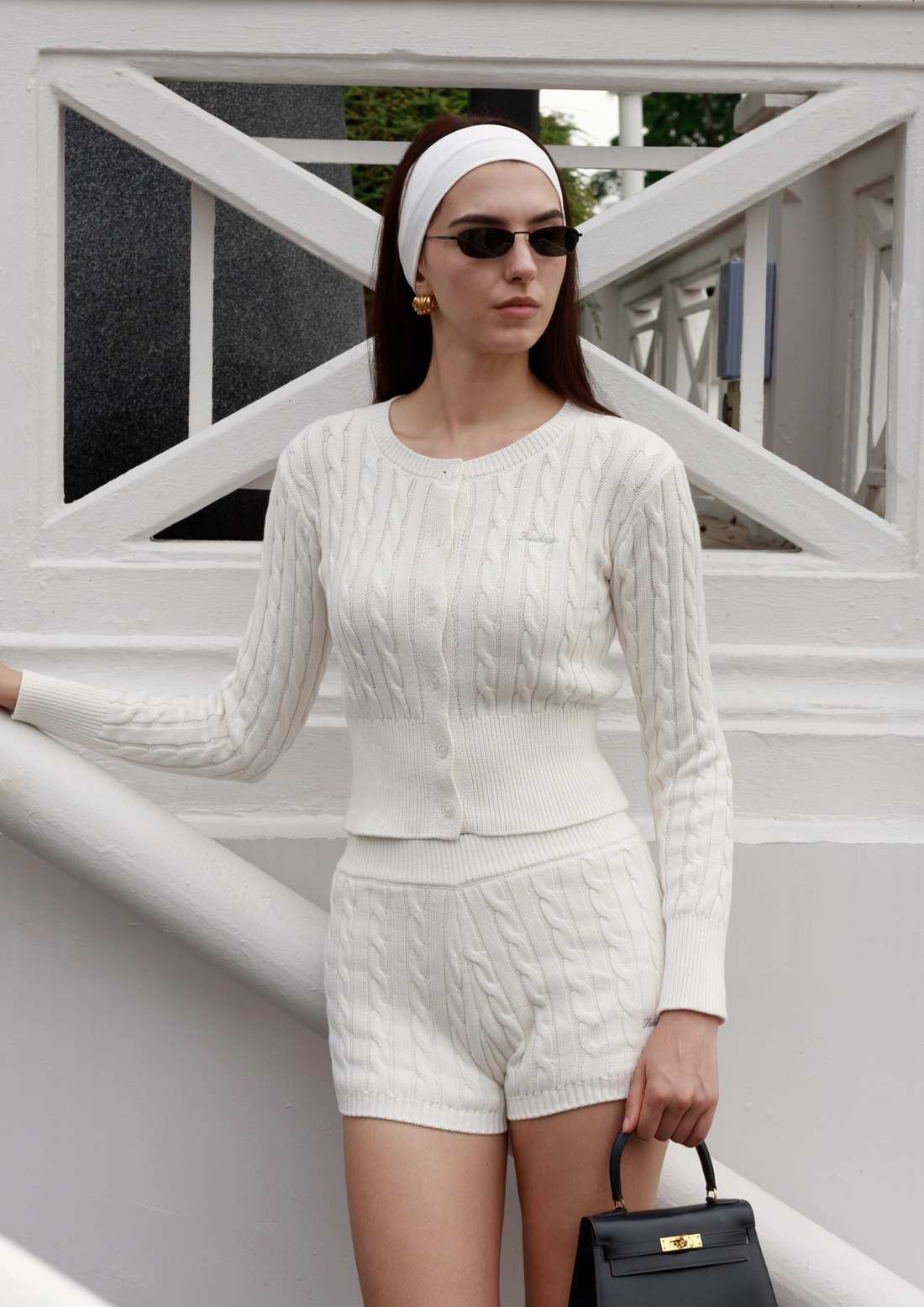 Cotton Cable Knit Cardigan Set in Pearl