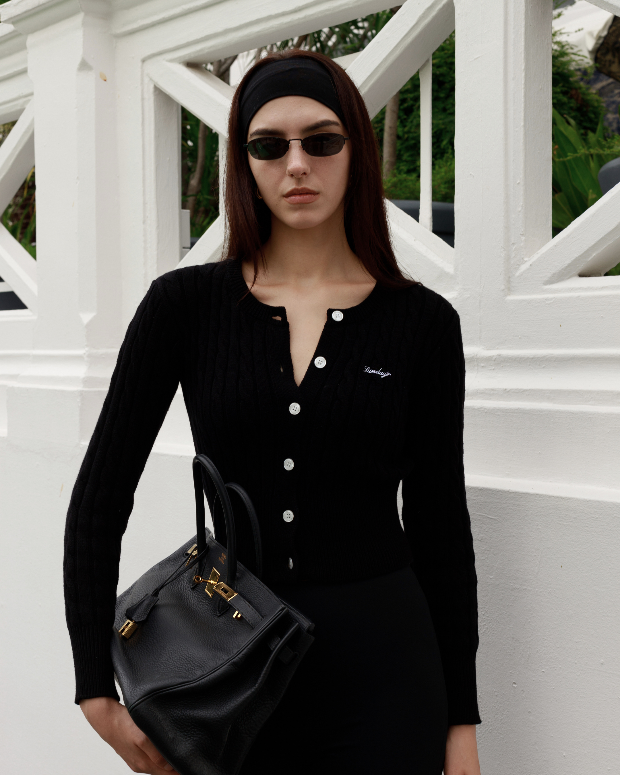 Cotton Cable Knit Cardigan Set in Noir