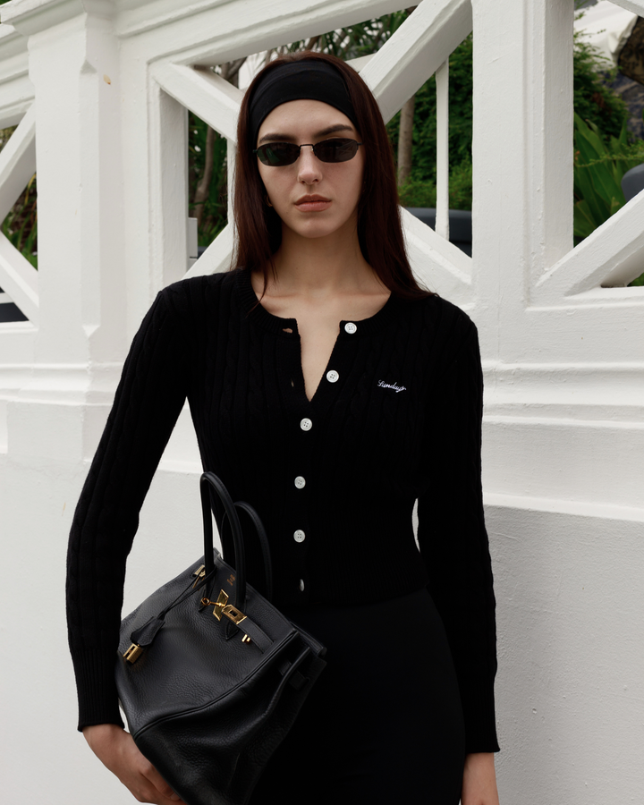 Cotton Cable Knit Cardigan Set in Noir