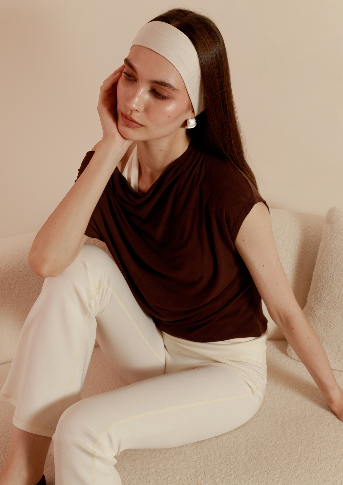 Buttery Soft Drape Off-Shoulder Top in Chocolate