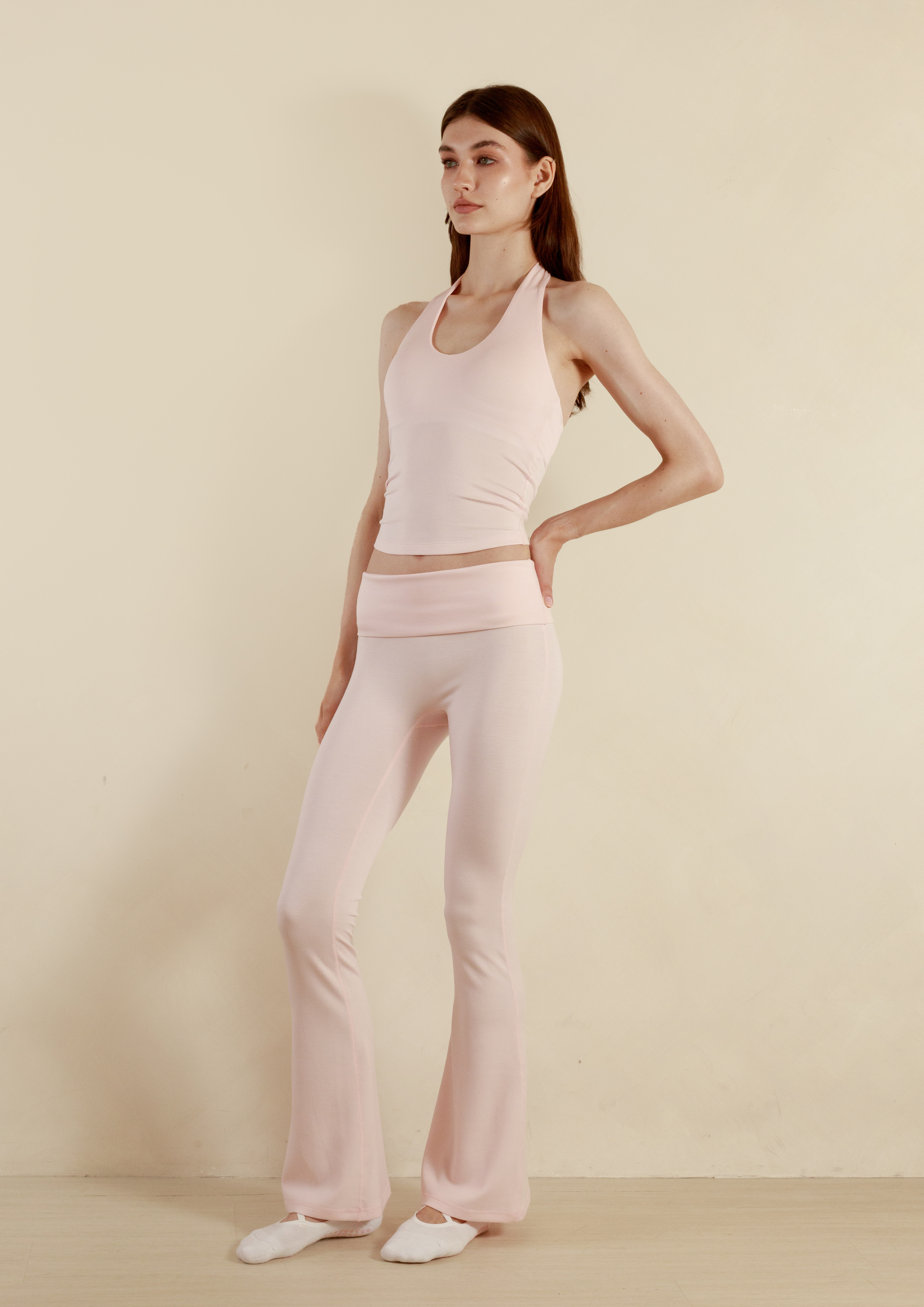 Soft Sculpt Fold Over Flare Pants in Strawberry Milk