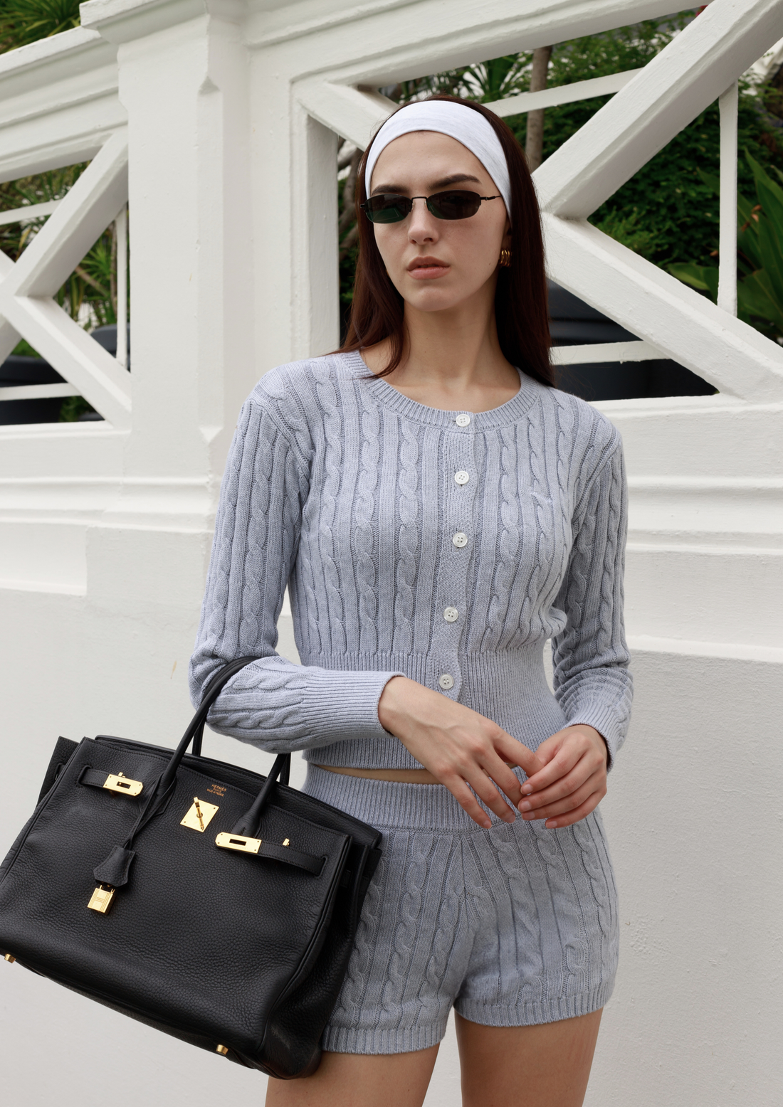 Cotton Cable Knit Cardigan Set in Slate