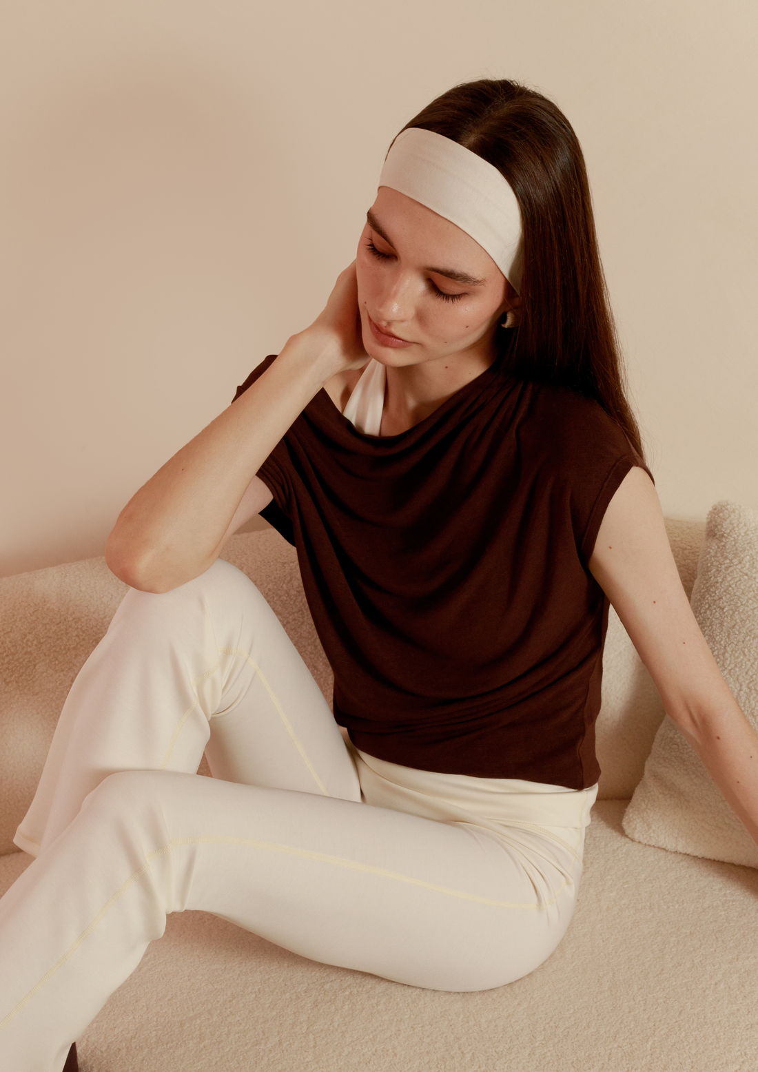 Buttery Soft Drape Off-Shoulder Top in Chocolate