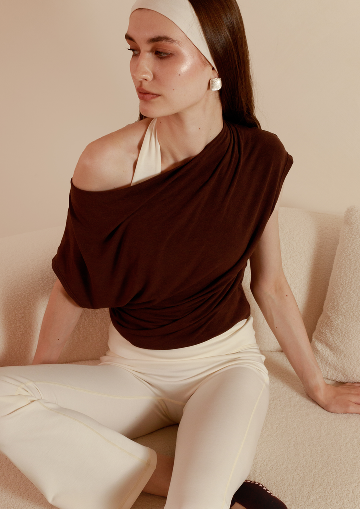 Buttery Soft Drape Off-Shoulder Top in Chocolate