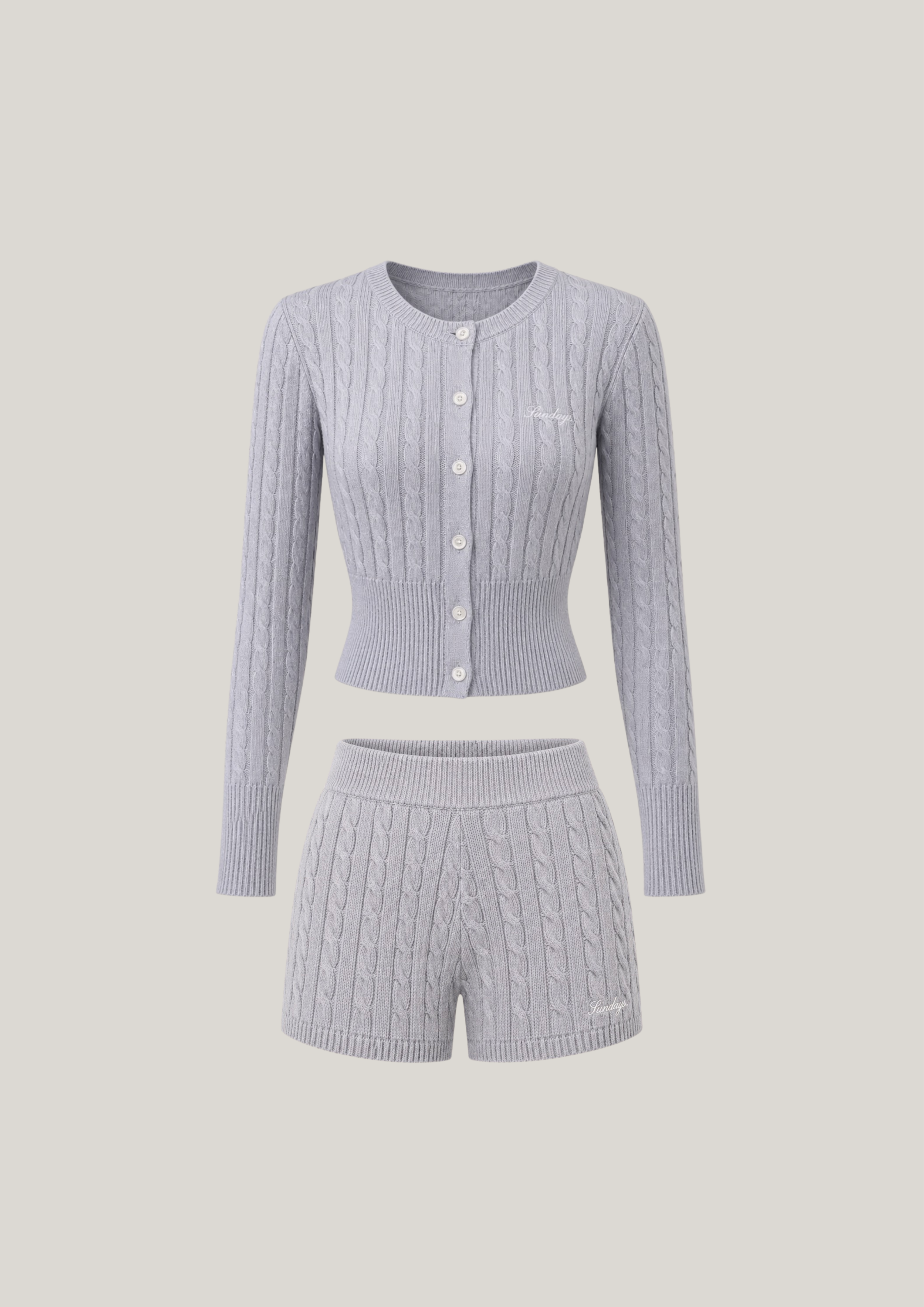 Cotton Cable Knit Cardigan Set in Slate