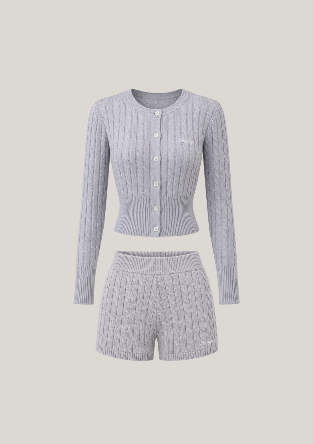 Cotton Cable Knit Cardigan Set in Slate