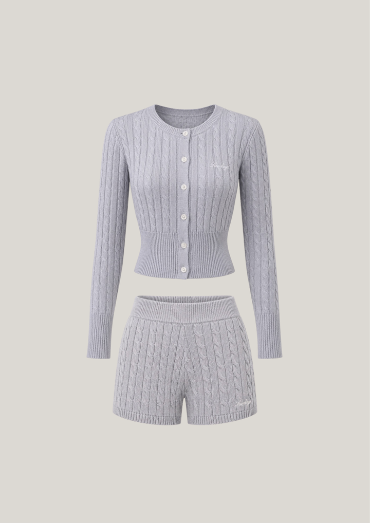 Cotton Cable Knit Cardigan Set in Slate