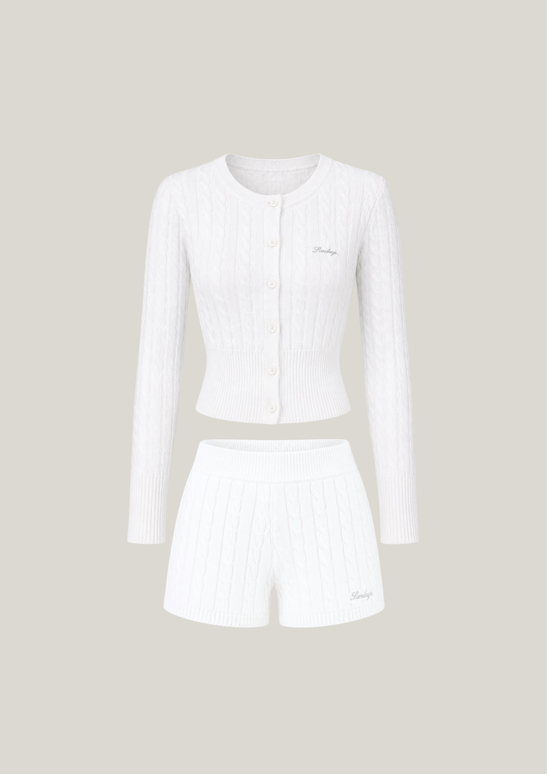 Cotton Cable Knit Cardigan Set in Pearl