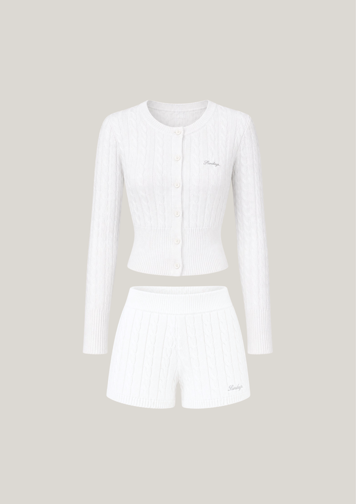 Cotton Cable Knit Cardigan Set in Pearl