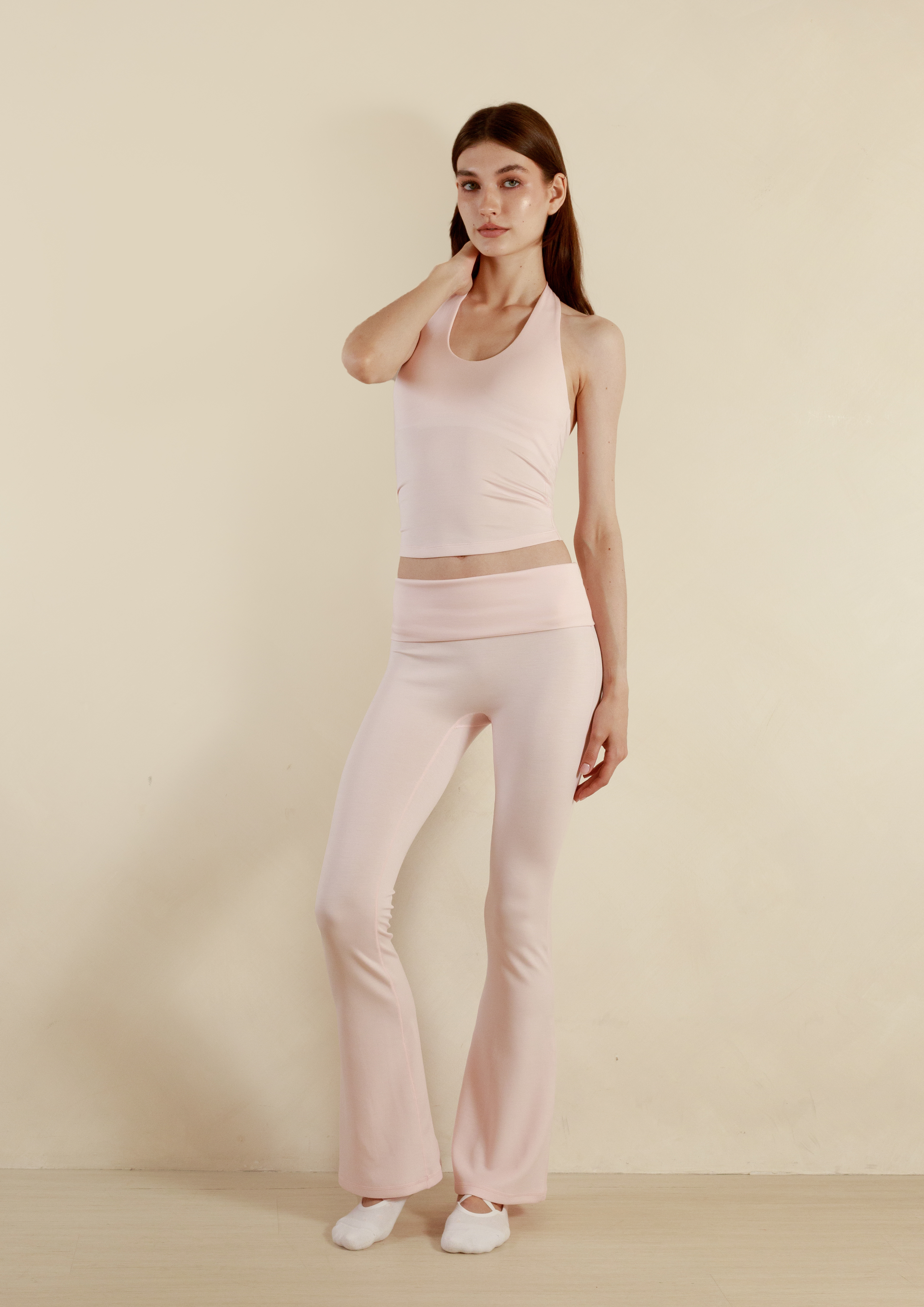Soft Sculpt Fold Over Flare Pants in Strawberry Milk